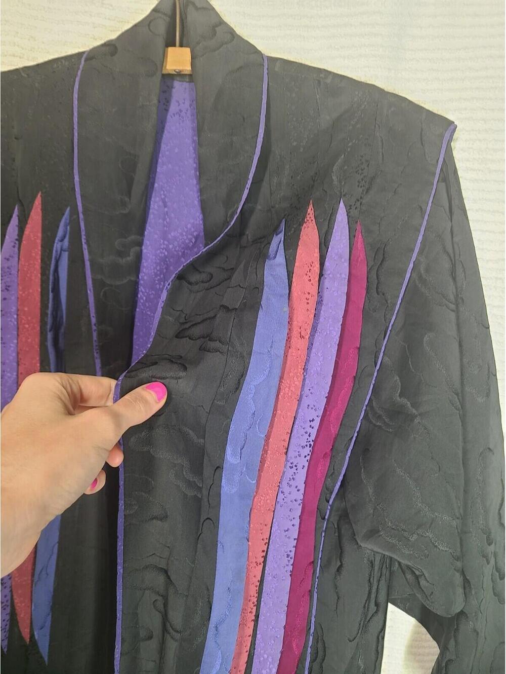 Vtg 80s Black Nylon Kimono Jacket Color Decoration Ooak Unique 90s Retro M L - Picture 3 of 9